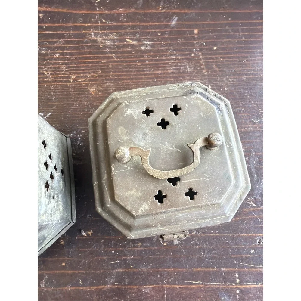 Vintage Brass Octagon Incense Boxes Pierced Set of 2